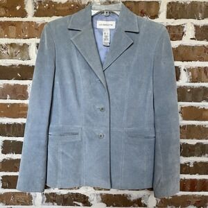 VTG Liz Claiborne Blazer Jacket Suede Leather Size S Blue Notch Collar Lined‎